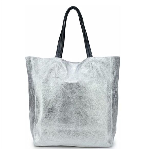 Genuine leather silver metallic tote bag - Picture 4 of 10